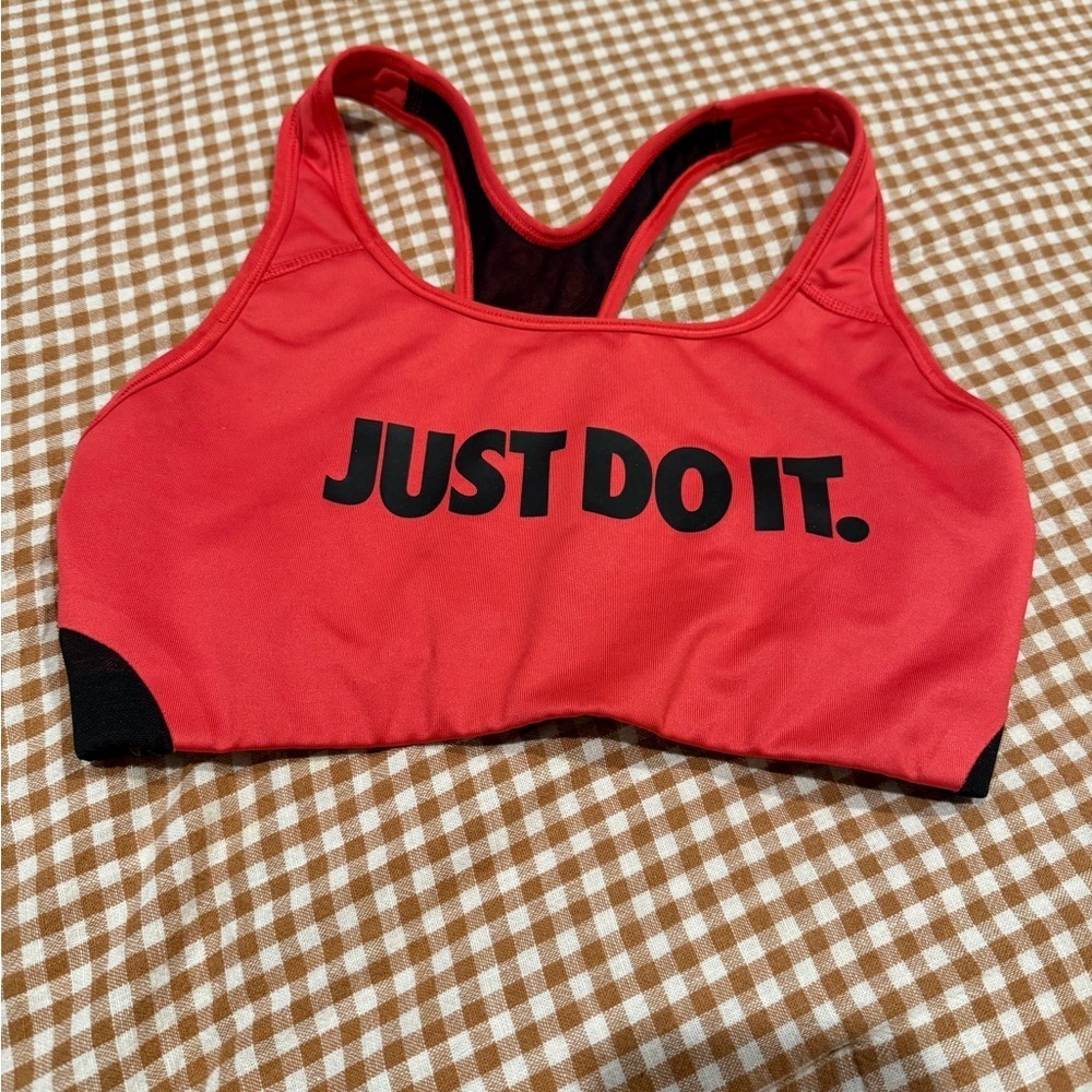 Nike Just Do It. Red Sports Bra with Black Sheer Backing